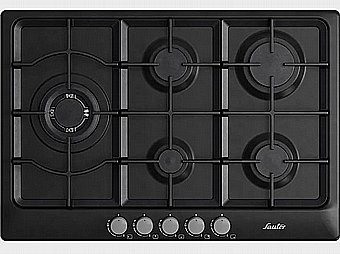 Gas Cooktop Sauter 5 Burners SHE7250B Black, 75 cm Turbo Wok Made in Italy