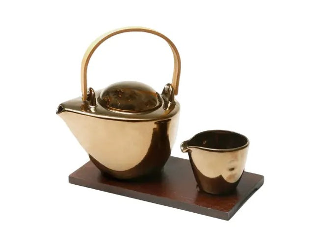 Porcelain Set Kettle + Cup 23cm + Tray Wood Design Gold Rose