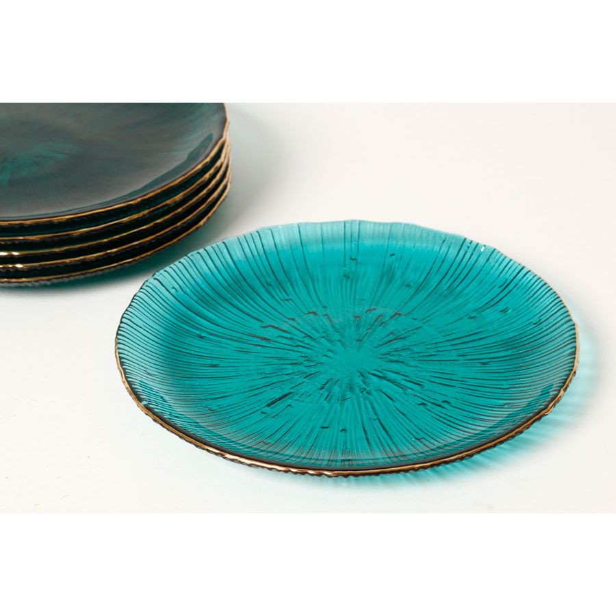 Glass Dessert Plate Athena 17cm in Turquoise with Stripe Gold