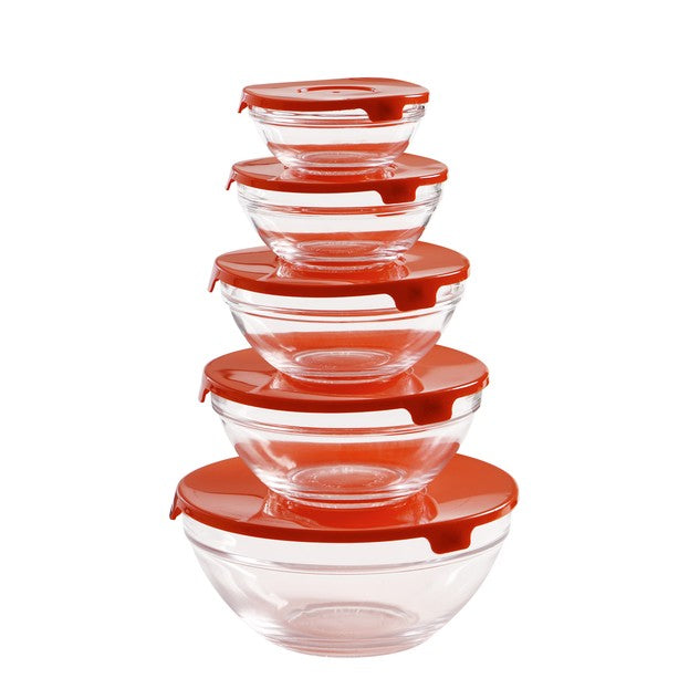 Small Glass Set 5 Bowls with Lid Red