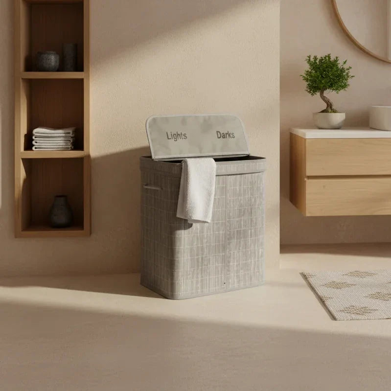 Bamboo Laundry Basket Divided with Lid Color Grey