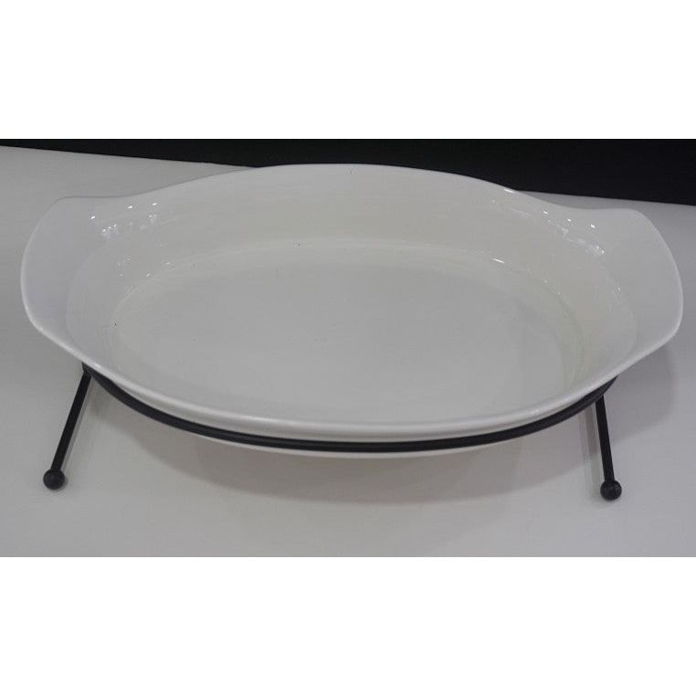 Serving Porcelain Bowl Oval On Stand Metal