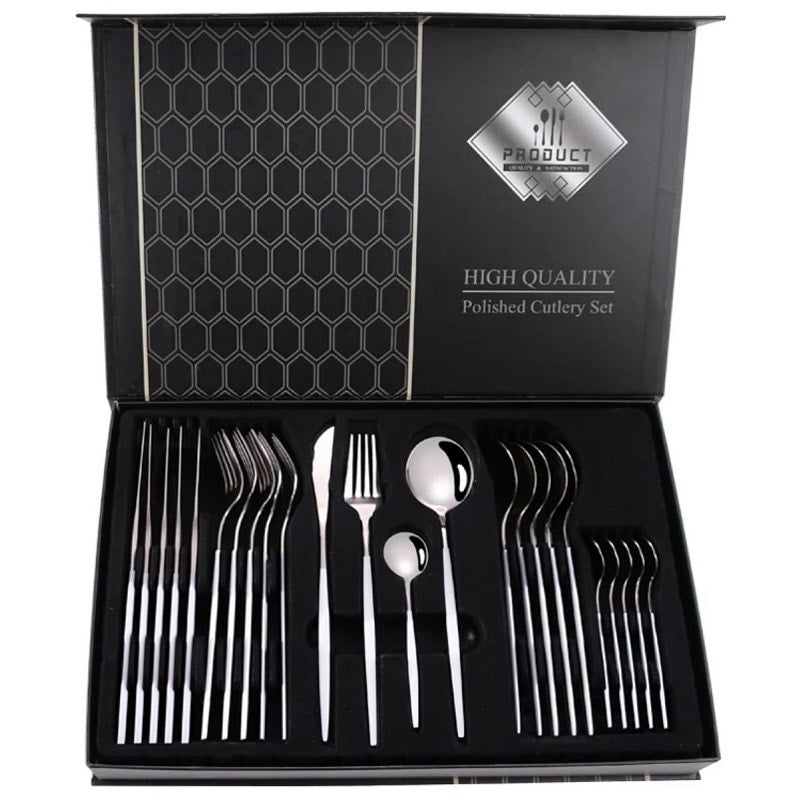 Cutlery Set 24 Pieces Color White with Silver