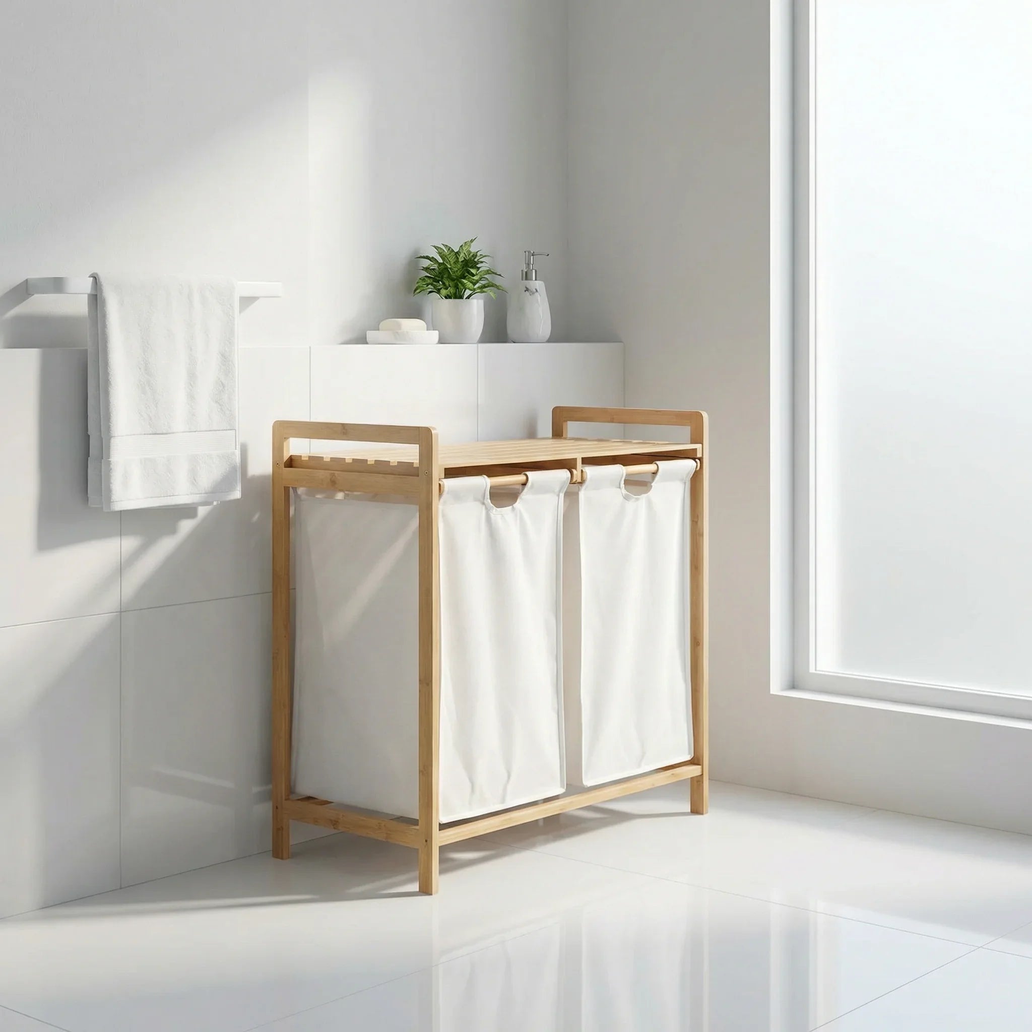 Bamboo Laundry Basket Divided 2 Compartments