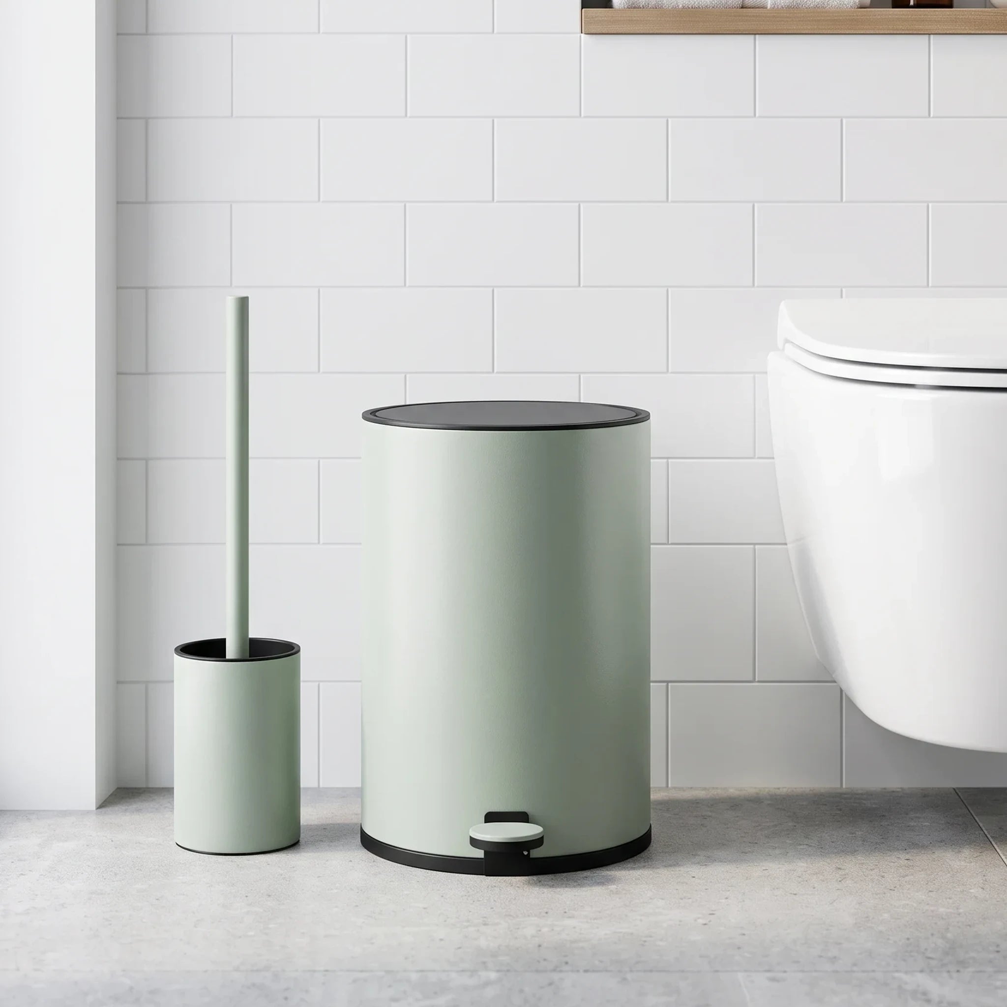 Bathroom Toilet Set Bin & Brush Green Matte ALIN