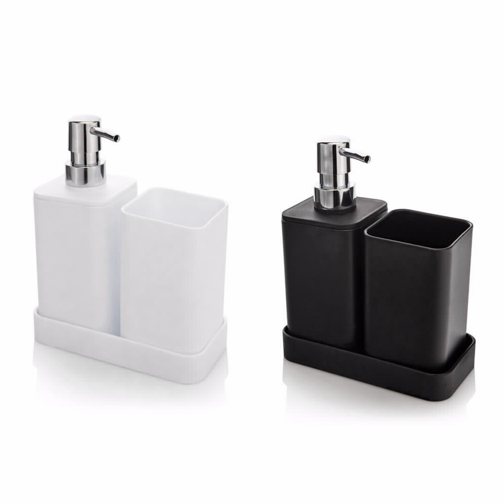 Bathroom Dispenser Cup with Tray Plastic Black White
