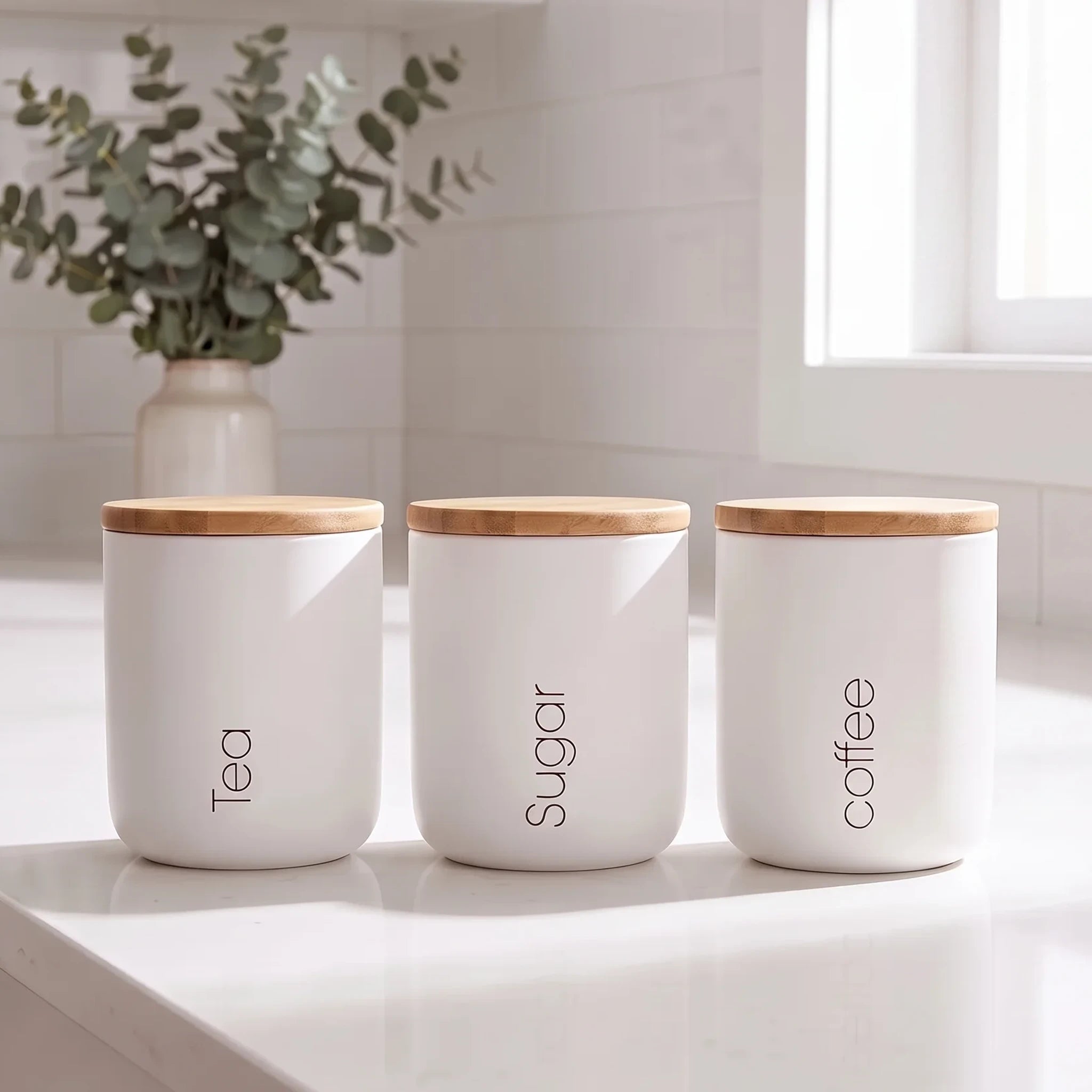 Coffee White Set Tea Sugar Ceramic with Lid Wood