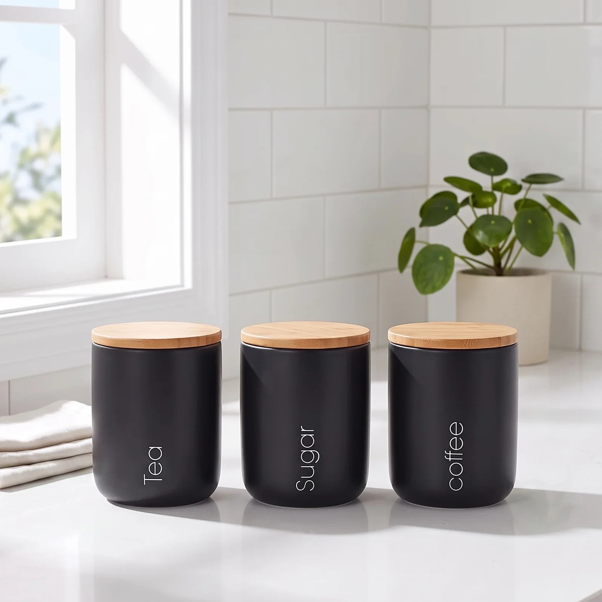 Coffee Black Set Tea Sugar Ceramic with Lid Wood