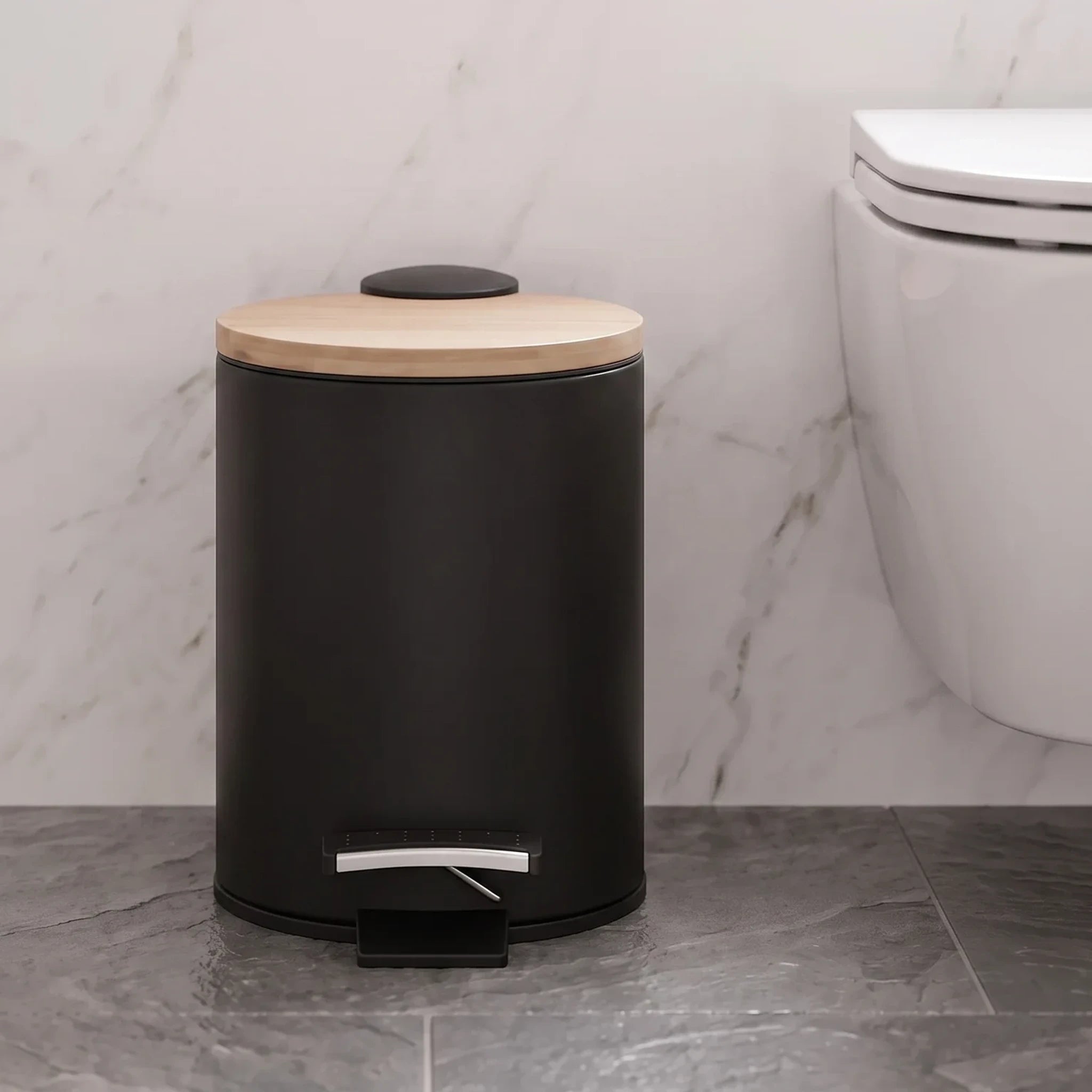 Black Combined Bamboo Pedal Bin 5L