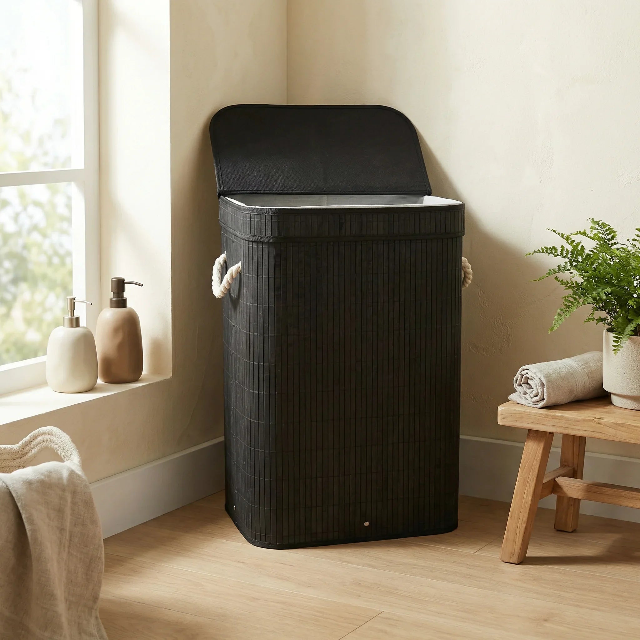 Bamboo Rectangular Black Laundry Basket