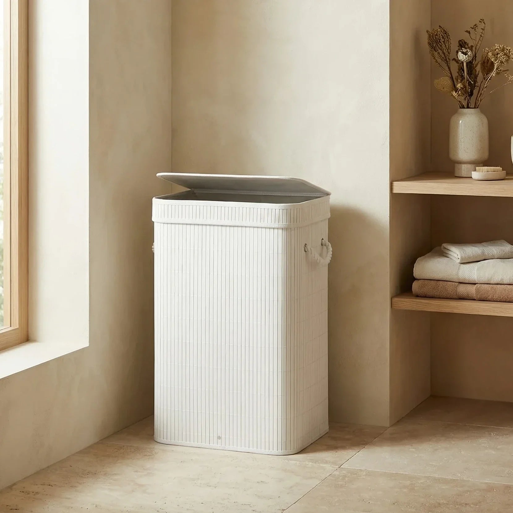 Bamboo Square White Laundry Basket