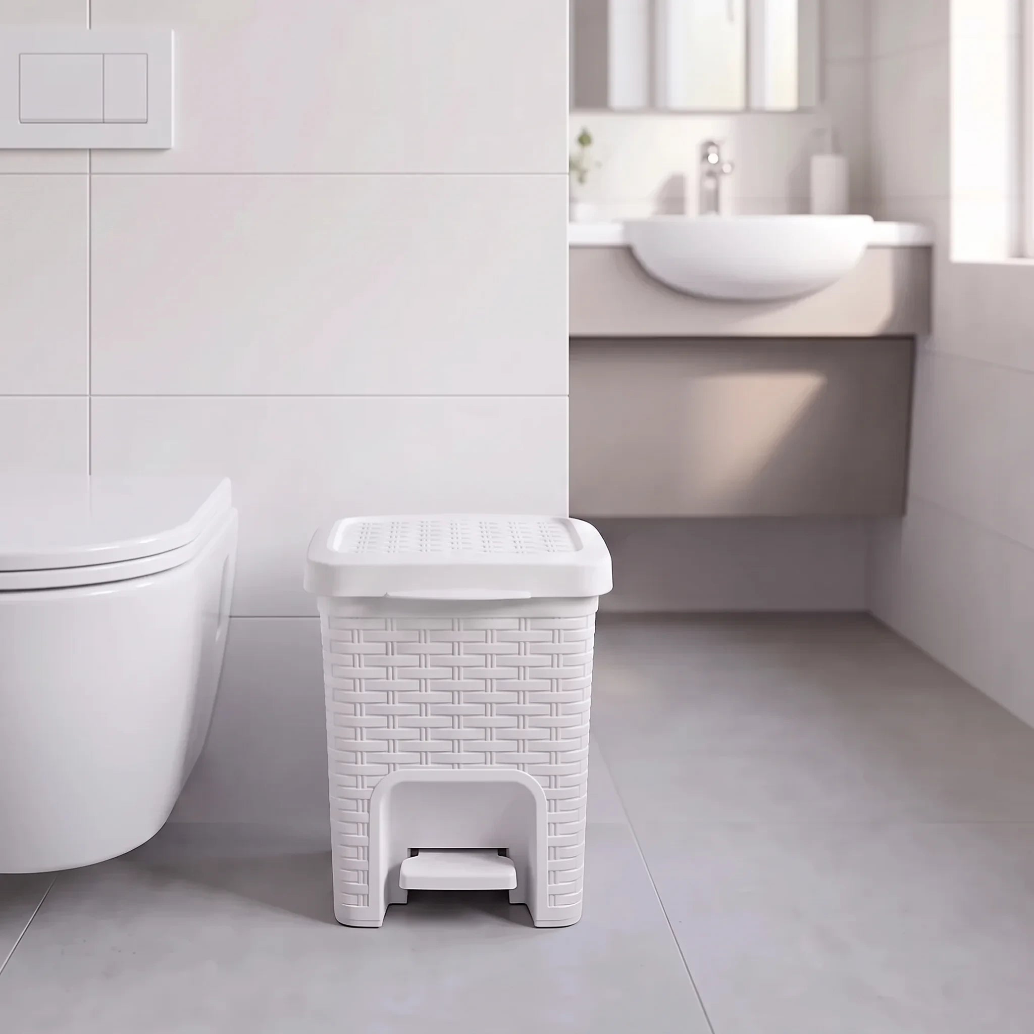 Square White Rattan Pedal Bin 6L