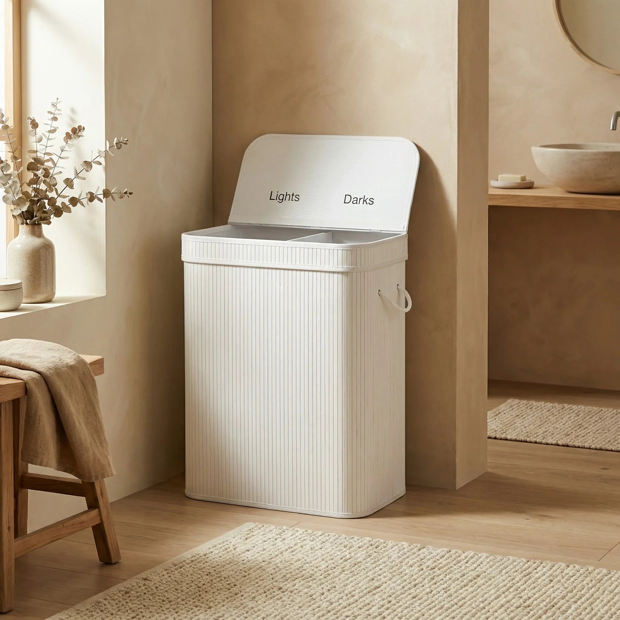 Bamboo White Laundry Basket Divided