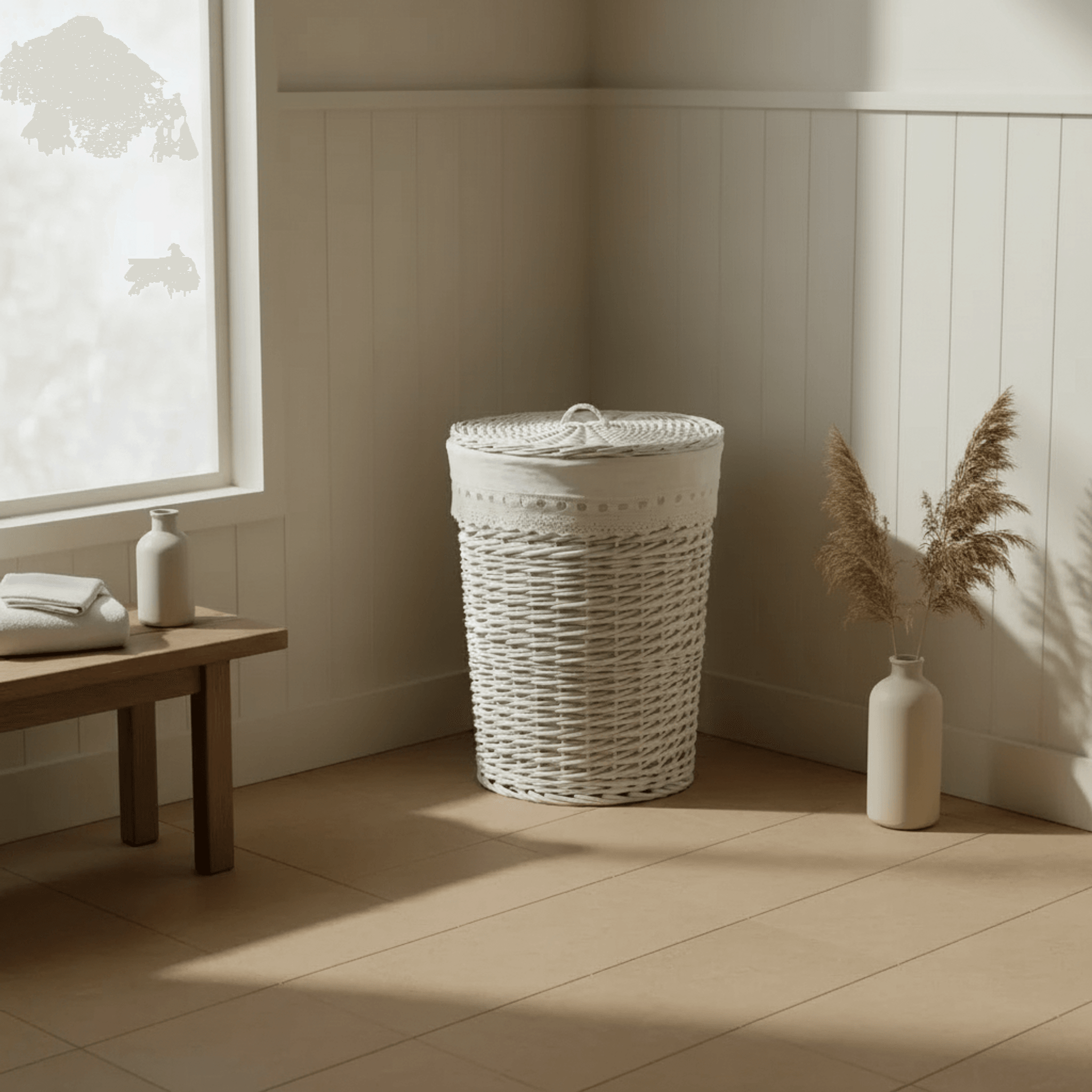 White Round Small Laundry Basket Straw