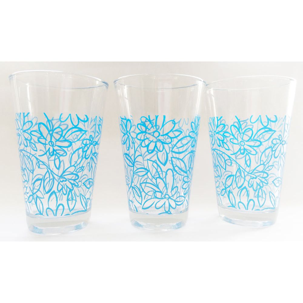 Glass Set 3 Cups Flower Blue