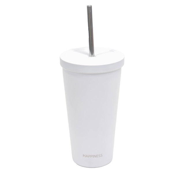 Cup with Straw Stainless Steel Wall Double White Milk