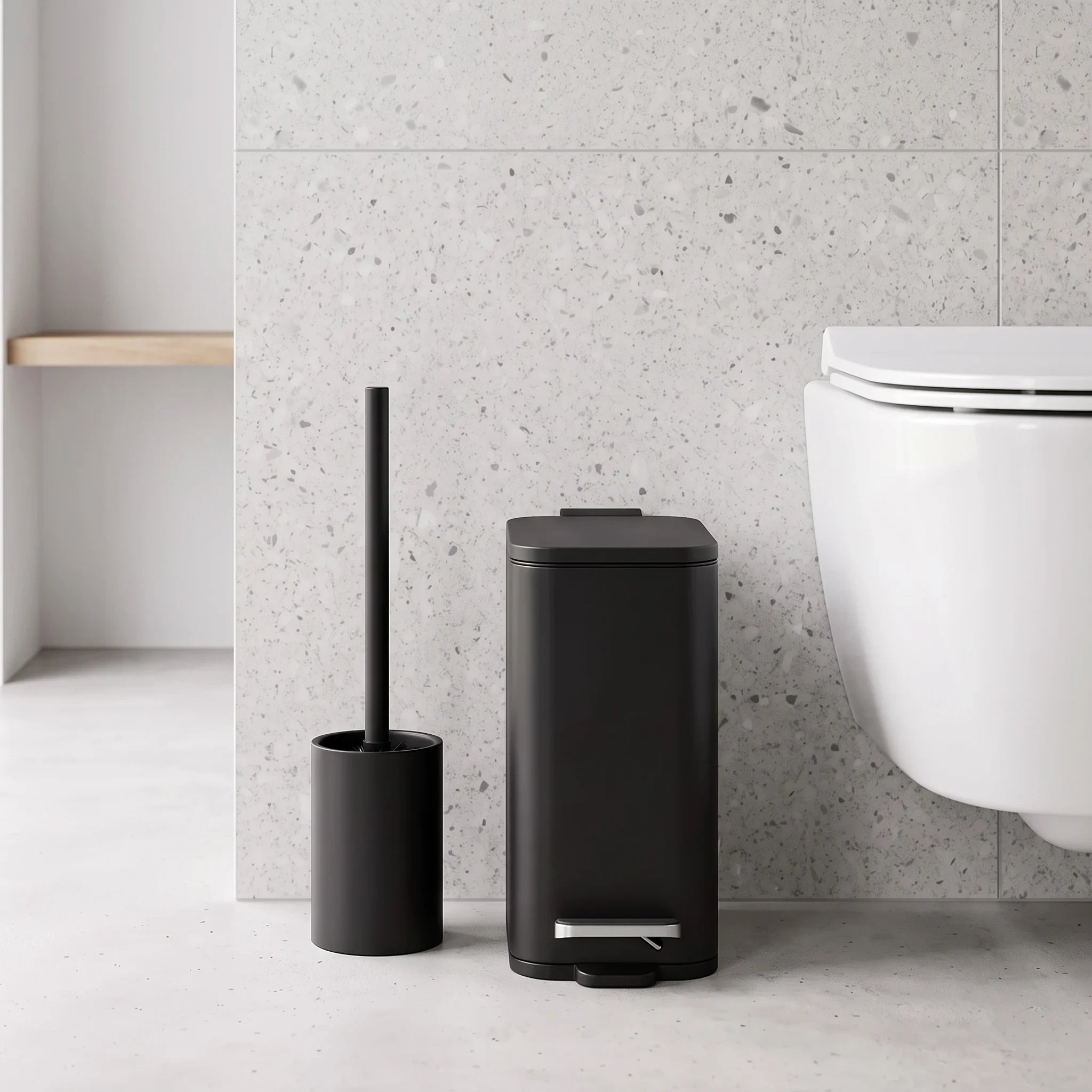 Bathroom Toilet Set Bin & Brush Black DON