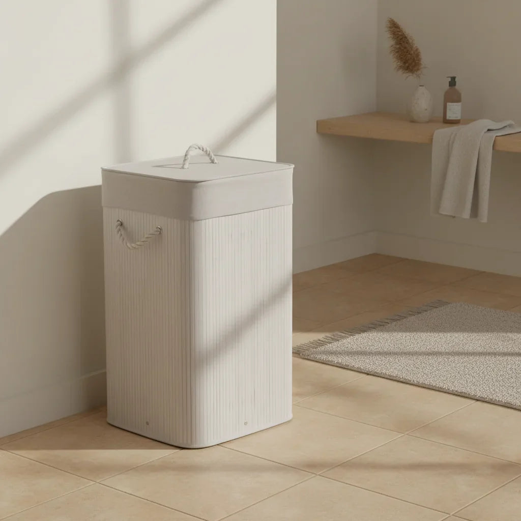 Square Bamboo White Laundry Basket