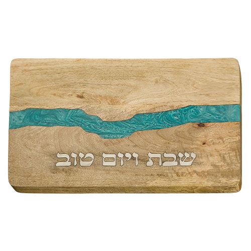Wood Challah Board with Blue Epoxy, 41x28 cm